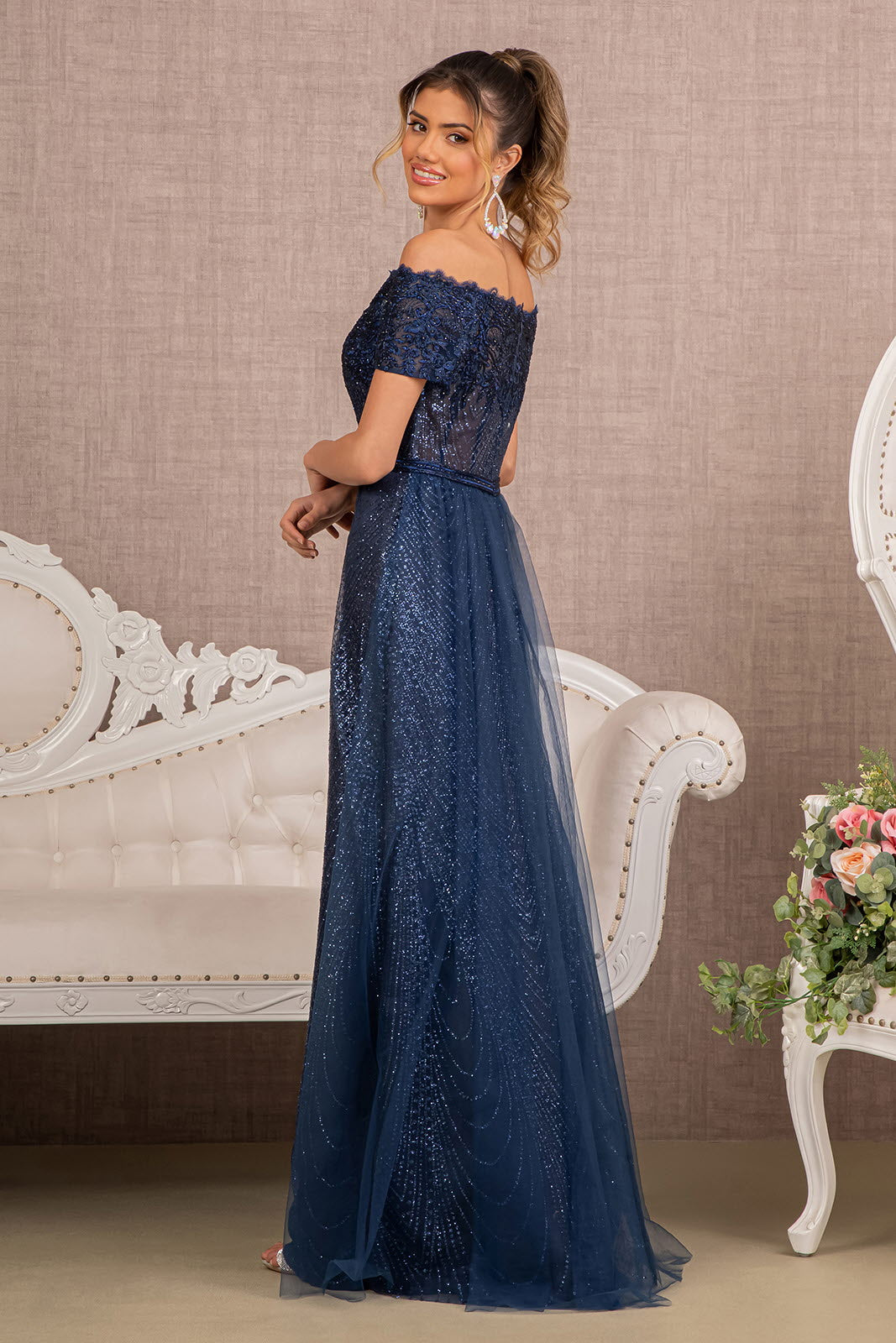 Glitter Print Mesh Long Prom Dress
