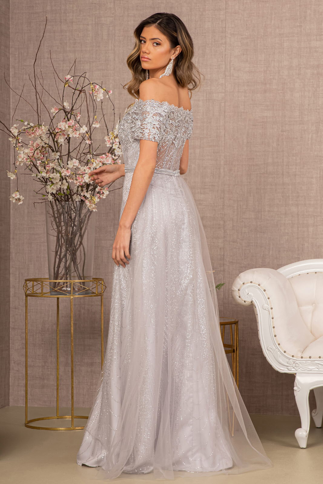 Glitter Print Mesh Long Prom Dress