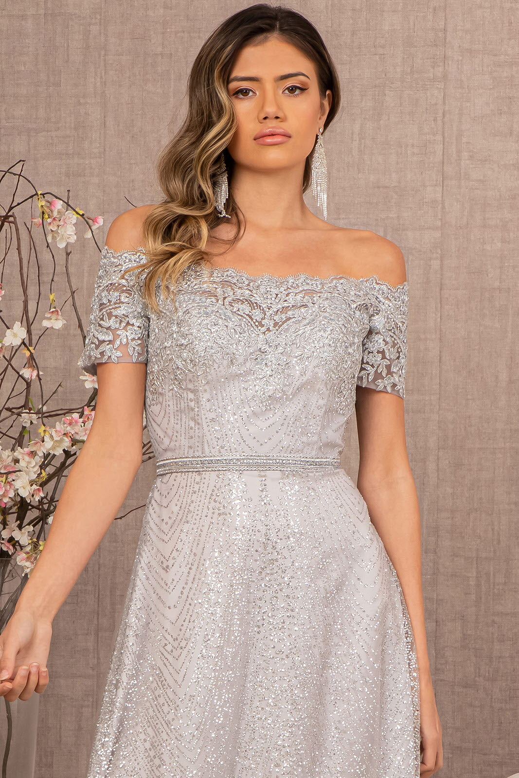 Glitter Print Mesh Long Prom Dress