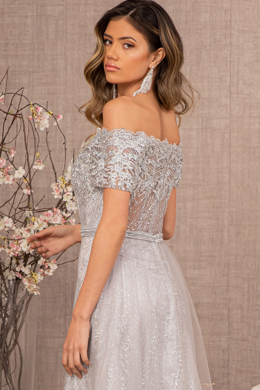 Glitter Print Mesh Long Prom Dress
