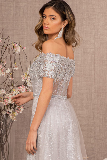 Glitter Print Mesh Long Prom Dress