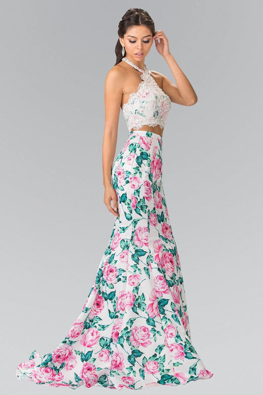 Halter-Neck Two-Piece Floral Print Long Prom Dress