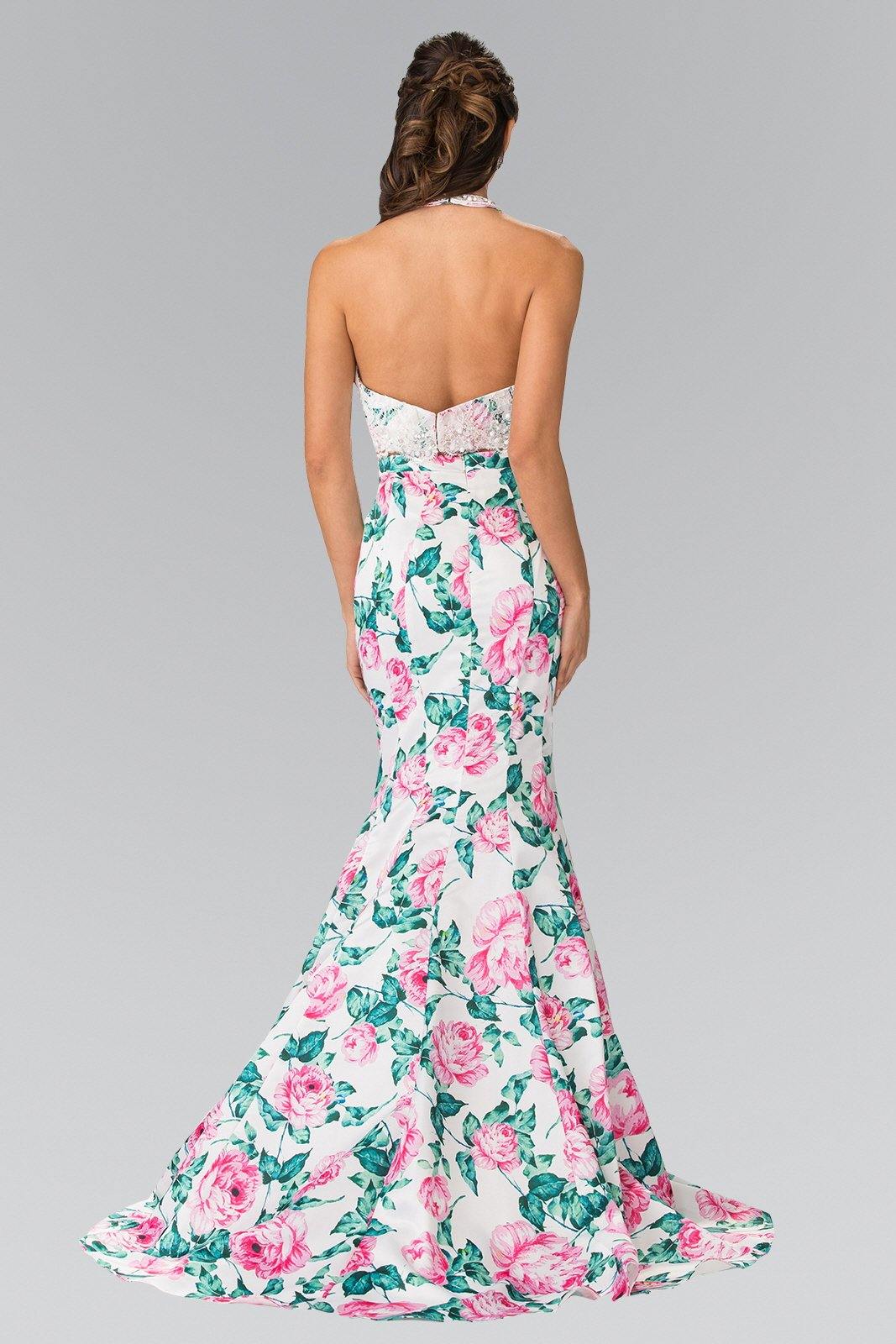Halter-Neck Two-Piece Floral Print Long Prom Dress