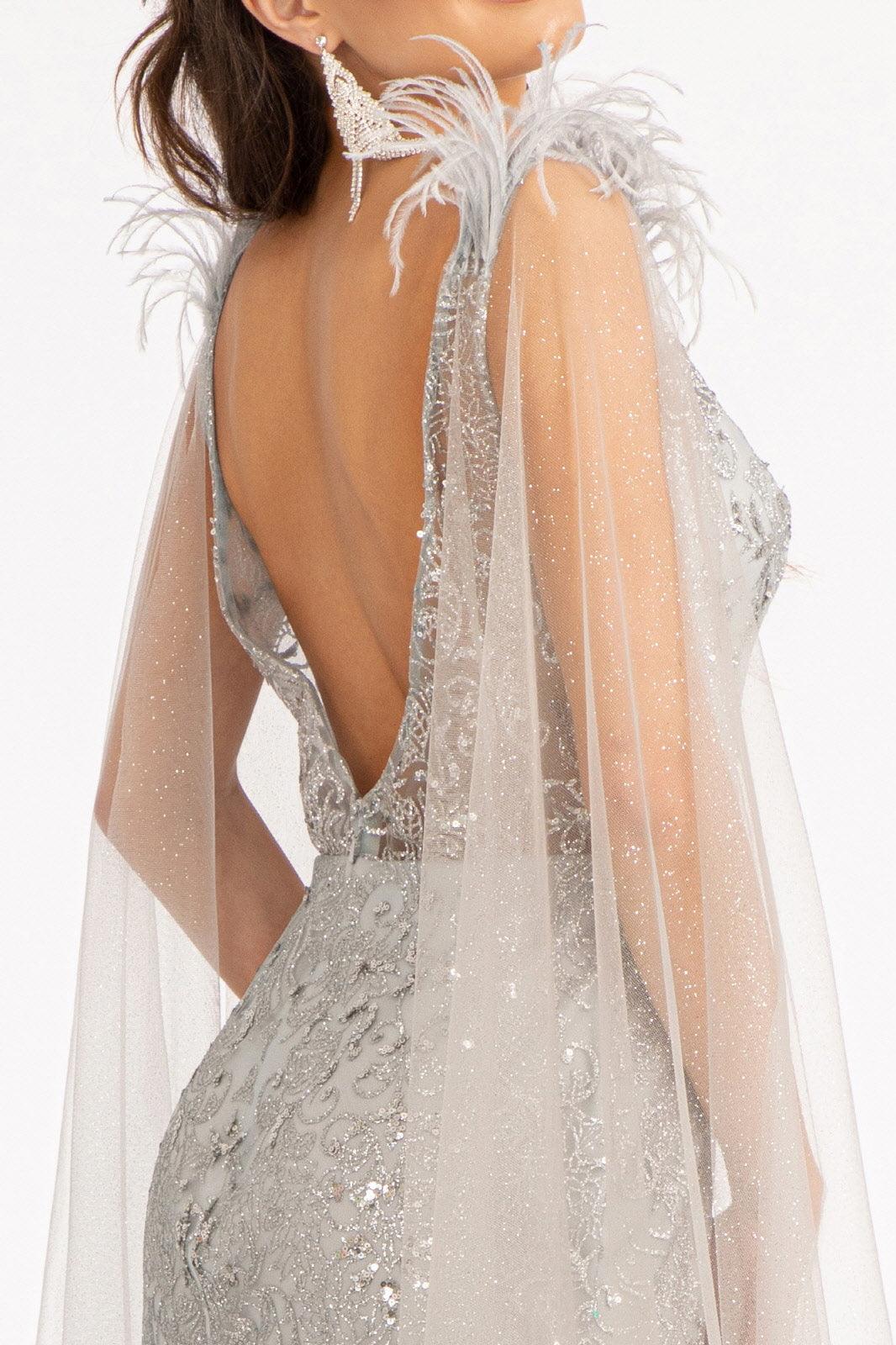 Feather Shoulder Long Mermaid Prom Dress