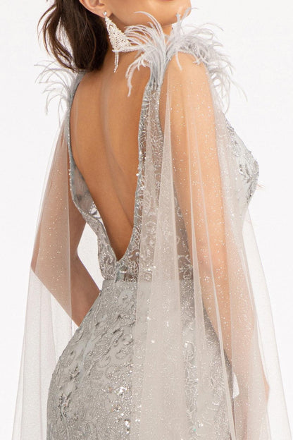 Feather Shoulder Long Mermaid Prom Dress