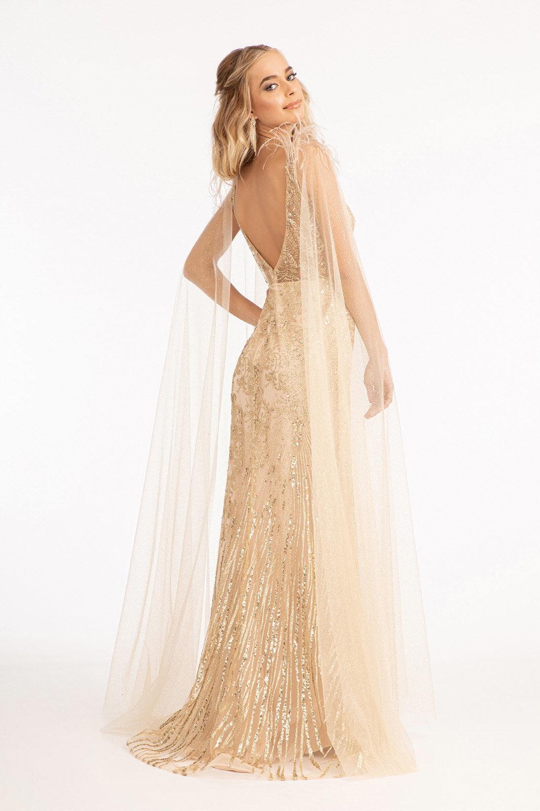 Feather Shoulder Long Mermaid Prom Dress