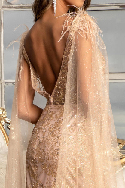Feather Shoulder Long Mermaid Prom Dress