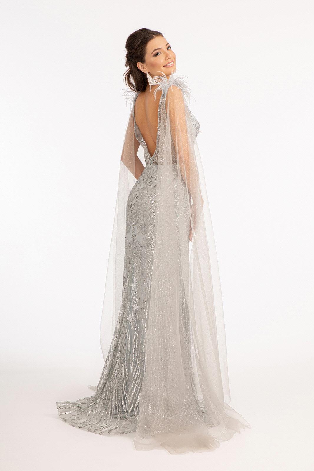 Feather Shoulder Long Mermaid Prom Dress