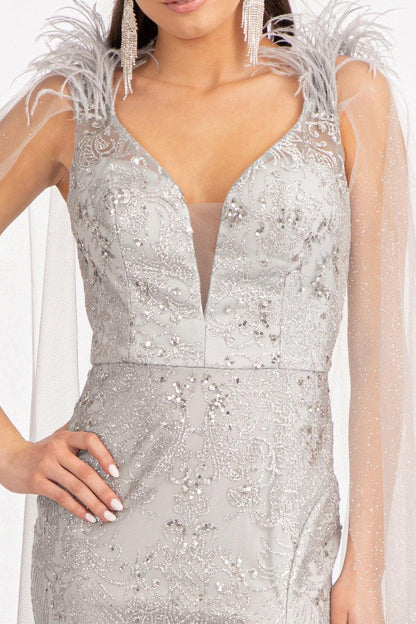 Feather Shoulder Long Mermaid Prom Dress