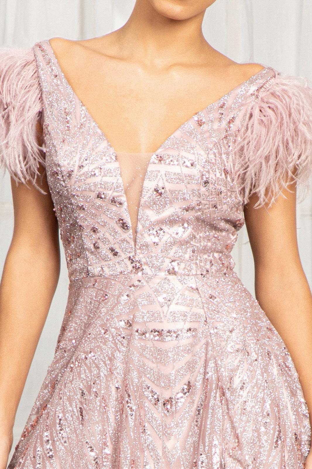 Long Formal Sleeveless Feather Prom Dress