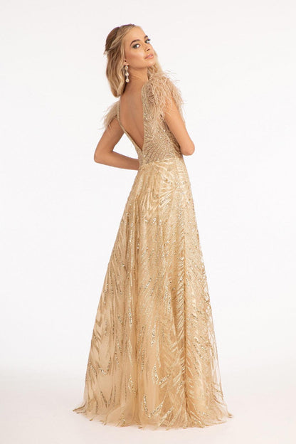 Long Formal Sleeveless Feather Prom Dress