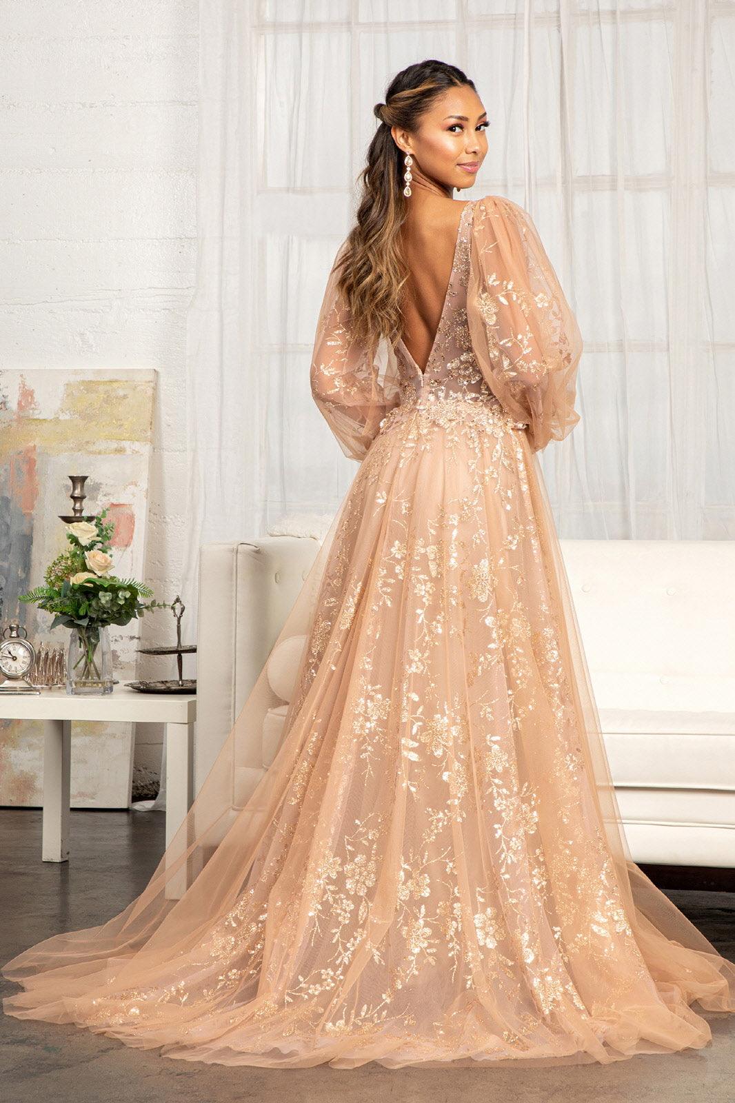 Long Sleeve Formal Glitter Evening Prom Dress