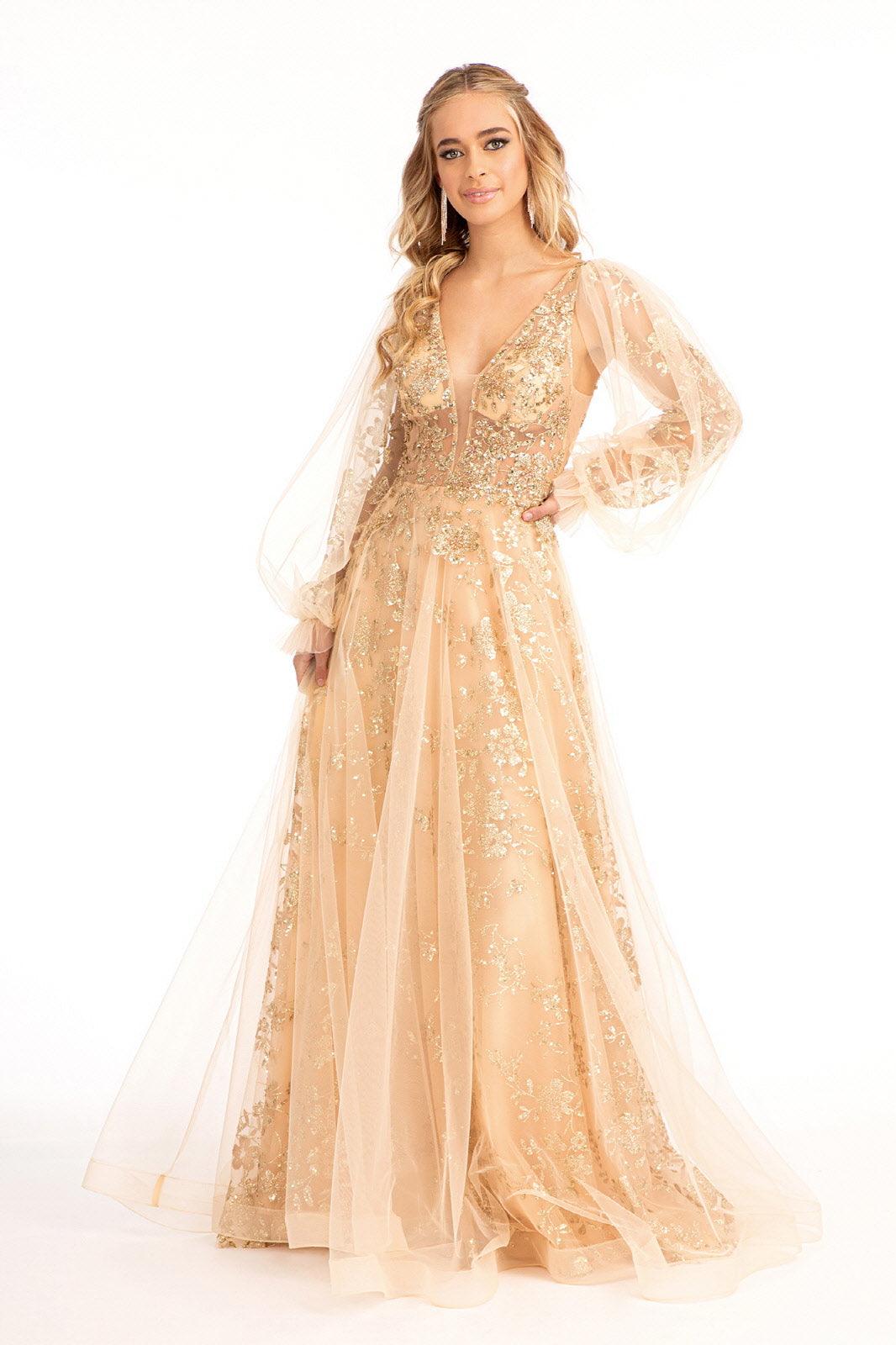 Long Sleeve Formal Glitter Evening Prom Dress