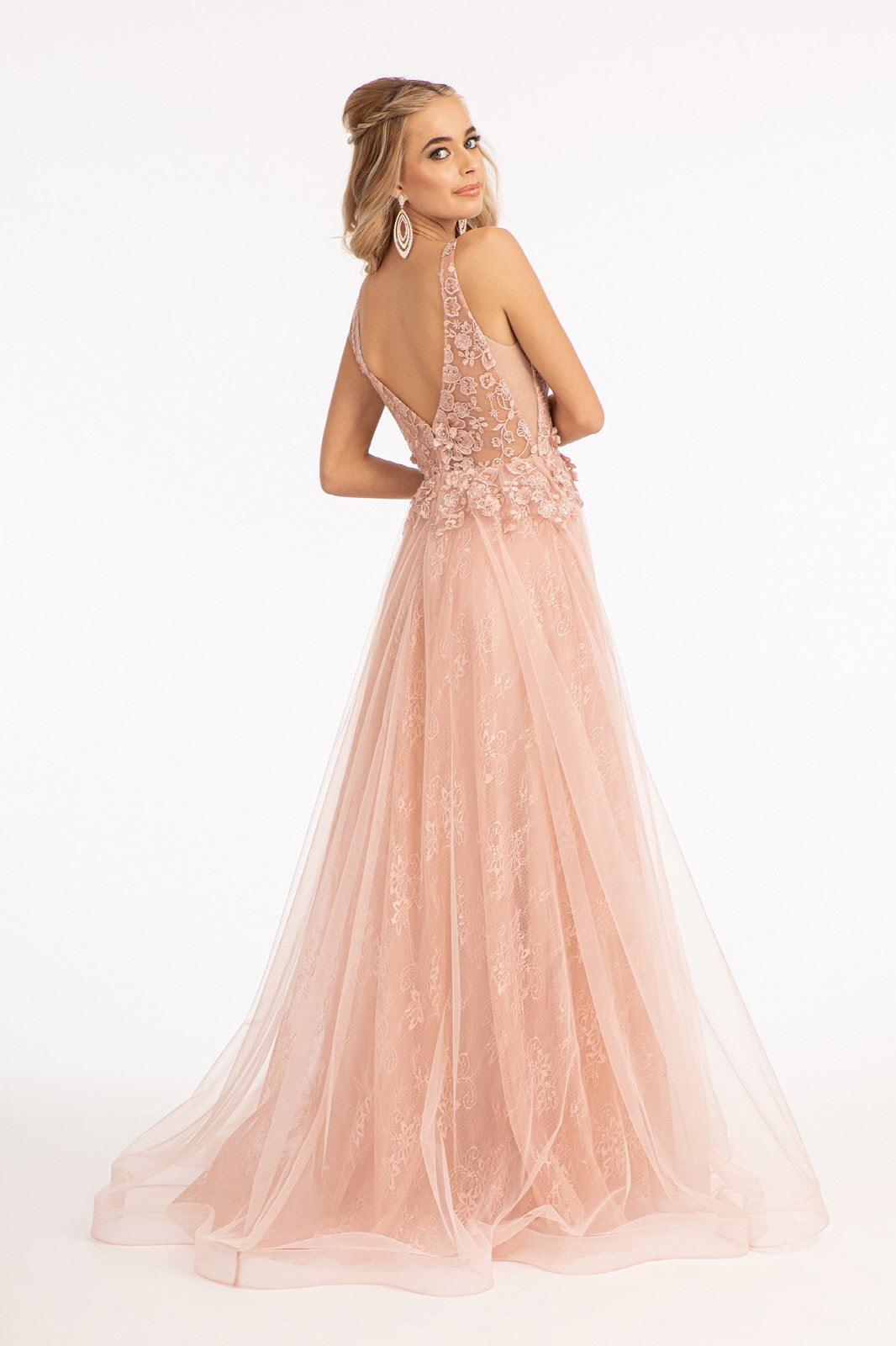 Long Sleeveless A-Line Lace Mesh Prom Gown