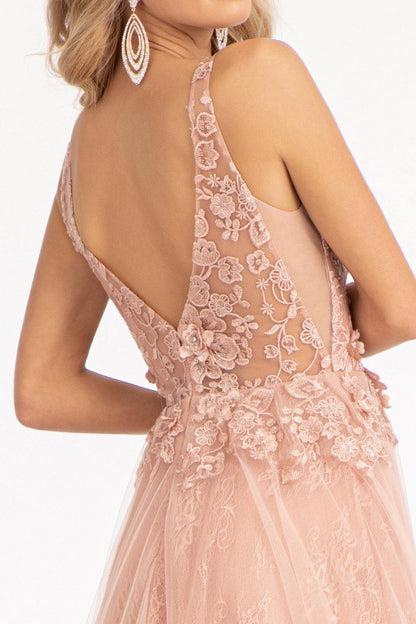 Long Sleeveless A-Line Lace Mesh Prom Gown