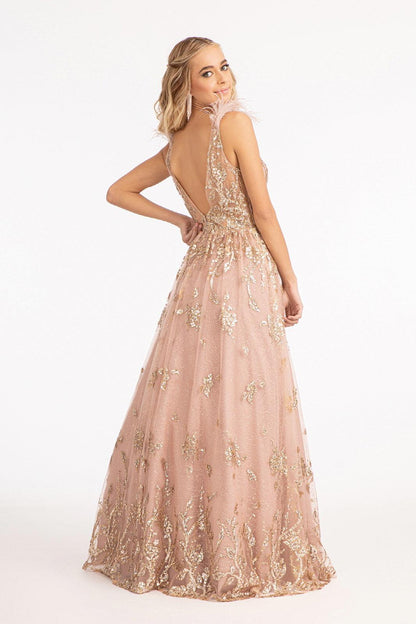 Long Sleeveless Formal Feather Shoulder Prom Dress
