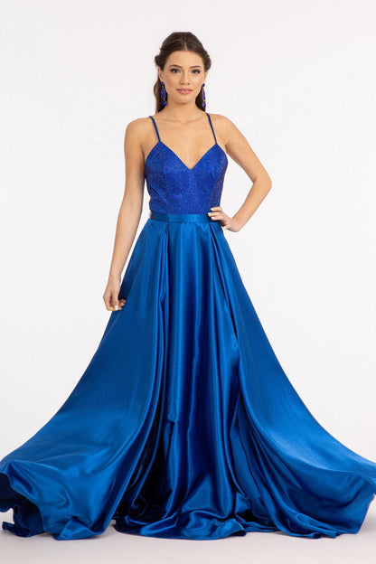 Long Spaghetti Strap Satin Prom Formal Gown