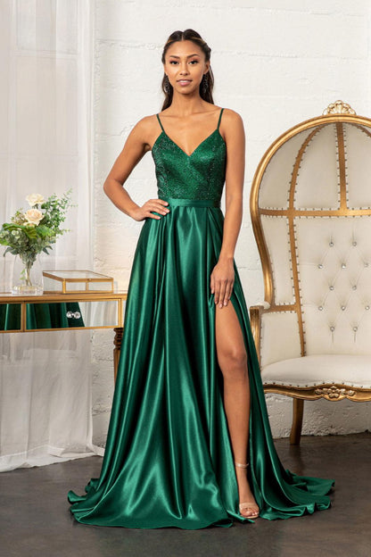 Long Spaghetti Strap Satin Prom Formal Gown