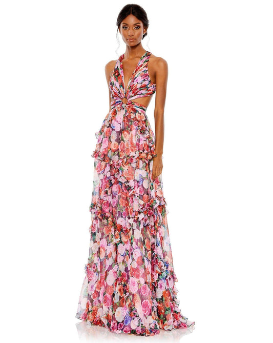 Long Floral Chiffon Prom Gown Floral Chiffon Fabric Mac Duggal 68076