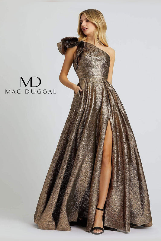 Long One Shoulder Metallic Prom Ball Gown by Mac Duggal 67297