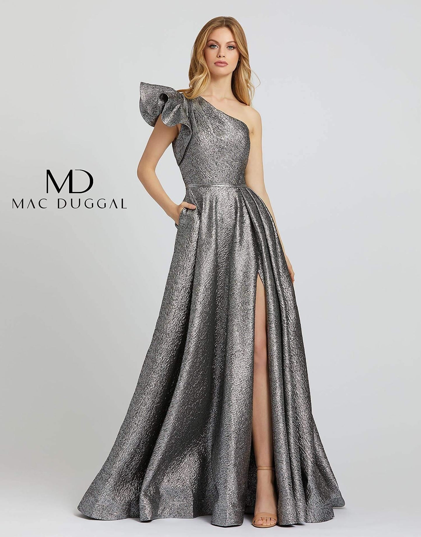 Long One Shoulder Metallic Prom Ball Gown by Mac Duggal 67297