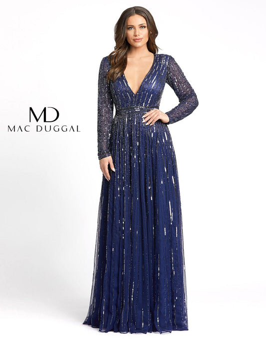 Long Sleeve Sequins A Line Evening Dress Sequined Detail Mac Duggal 4977