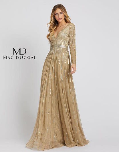 Long Sleeve Sequins A Line Evening Dress Sequined Detail Mac Duggal 4977