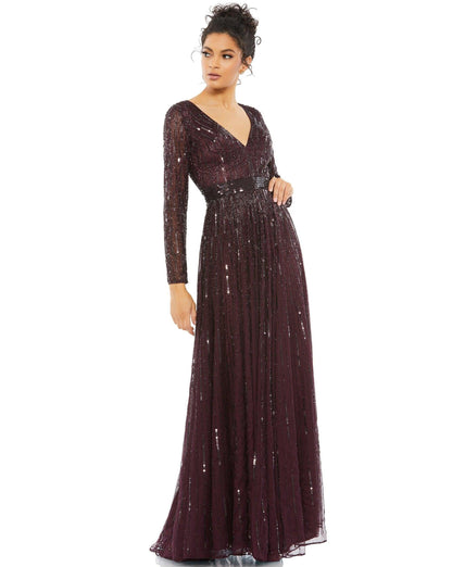Long Sleeve Sequins A Line Evening Dress Sequined Detail Mac Duggal 4977