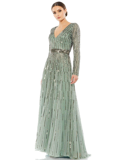 Long Sleeve Sequins A Line Evening Dress Sequined Detail Mac Duggal 4977