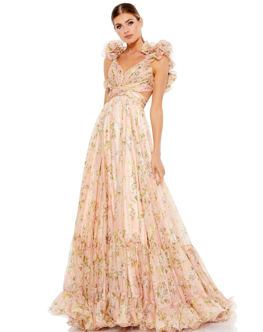 Ruffled Floral Cut-Out Chiffon Gown by Mac Duggal 67803