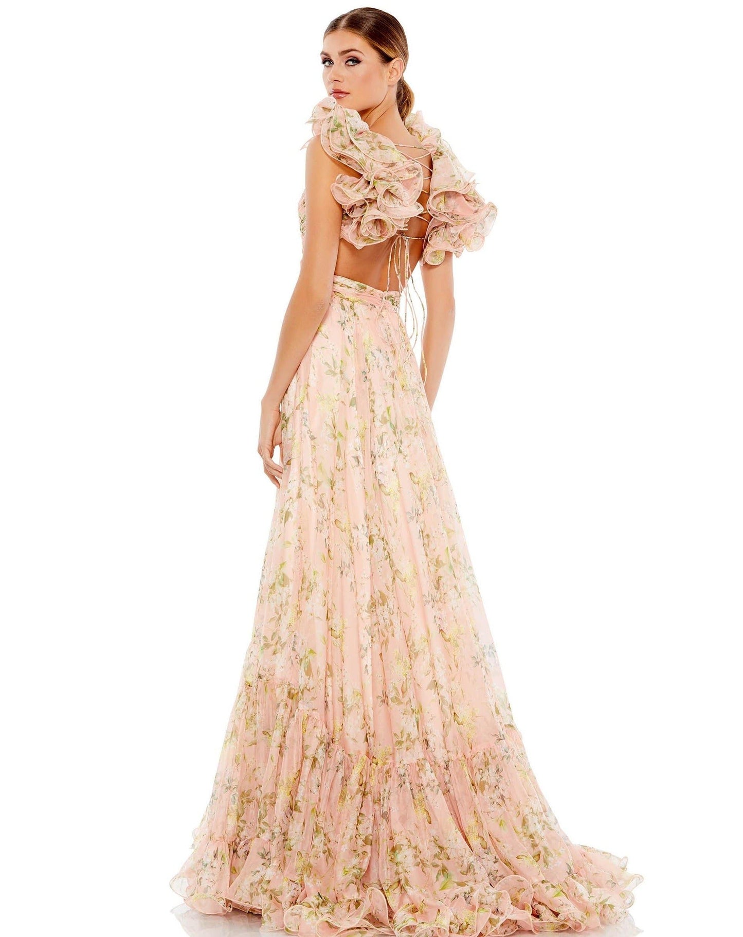 Ruffled Floral Cut-Out Chiffon Gown by Mac Duggal 67803