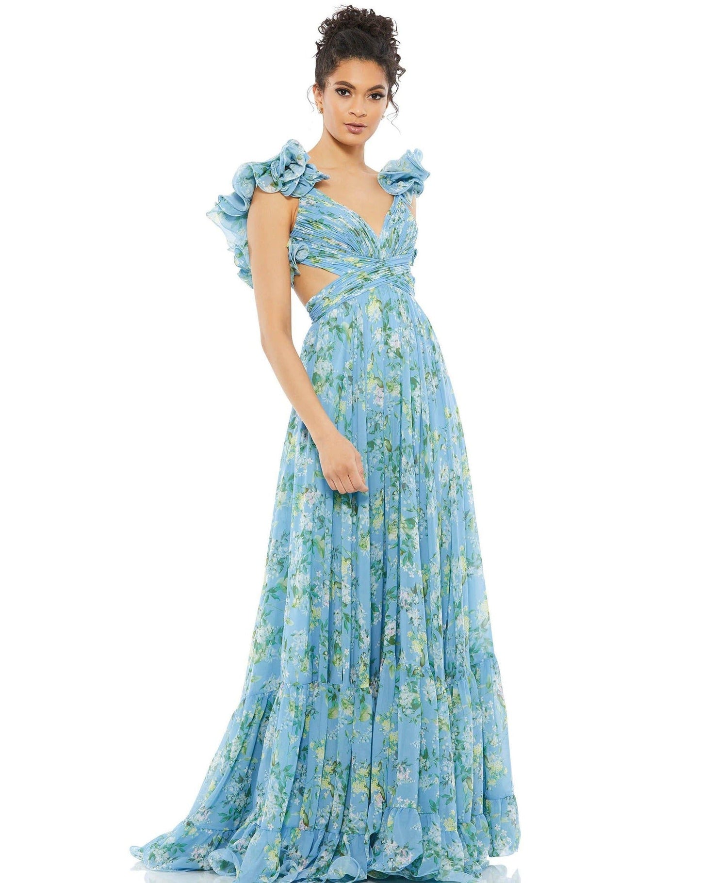 Ruffled Floral Cut-Out Chiffon Gown by Mac Duggal 67803