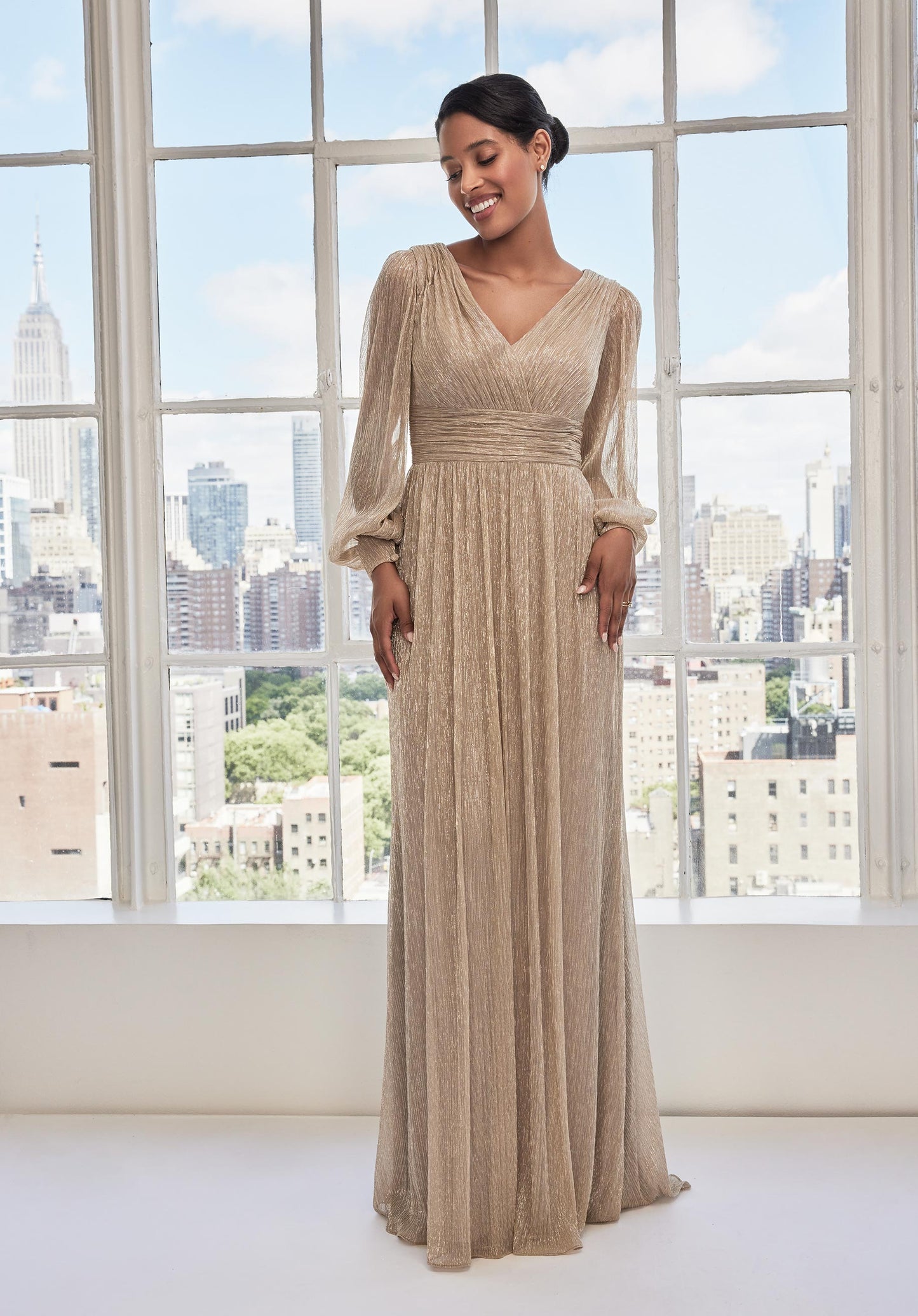 MGNY Madeline Gardner New York 73111 Long Sleeve Metallic Formal Dress