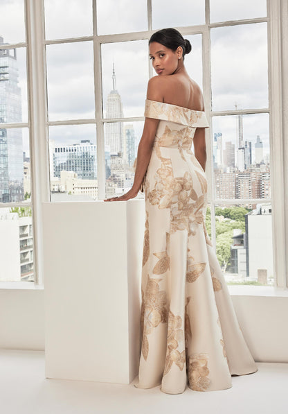 MGNY Madeline Gardner New York 73115 Long Metallic Floral Print Formal Dress
