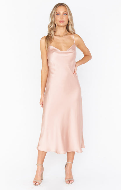Verona Cowl Dress ~ Rose Gold Luxe Satin