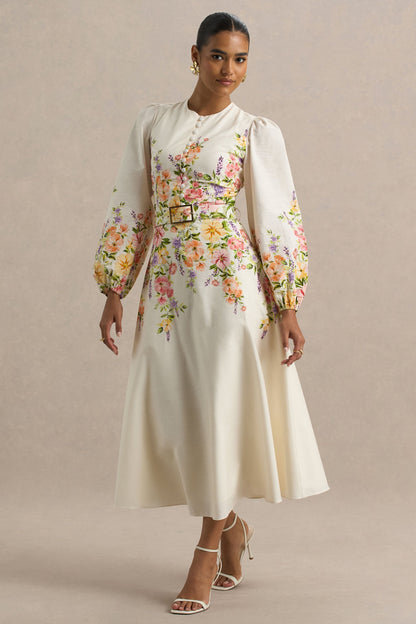 Dahlia | White Floral Border Print High-Neck Midi Dress
