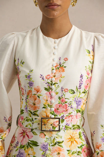 Dahlia | White Floral Border Print High-Neck Midi Dress